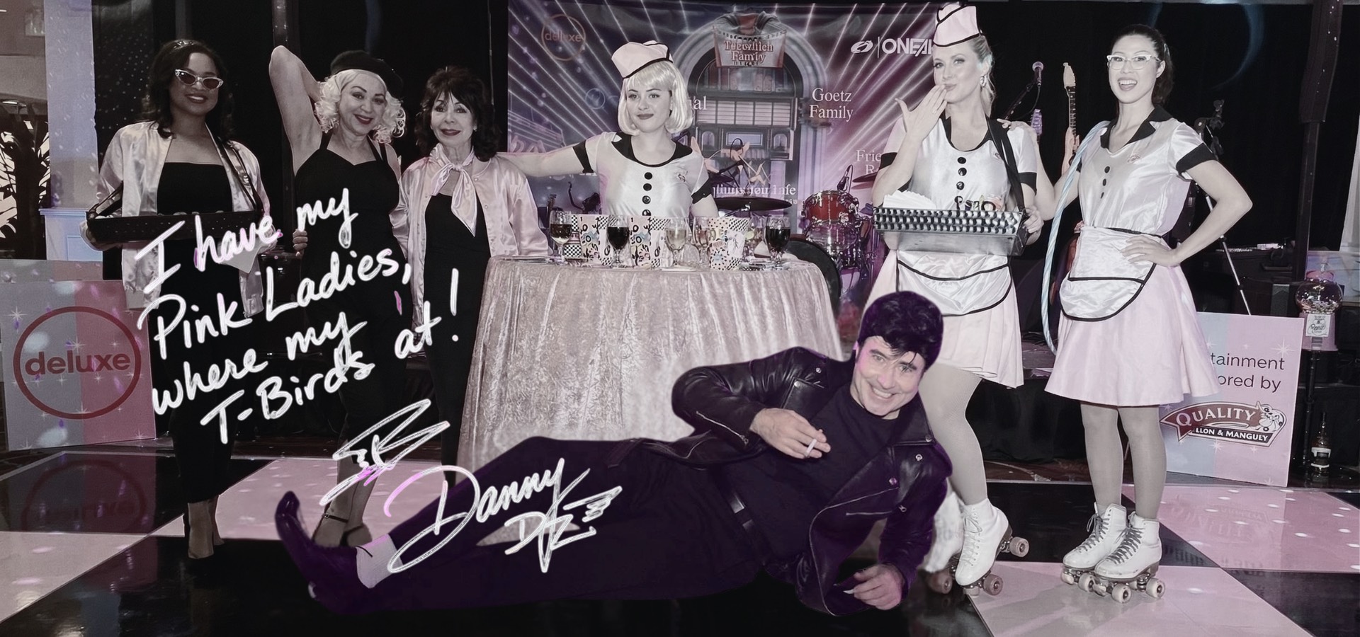 Grease styled group banner like a signed 1950s yearbook spread