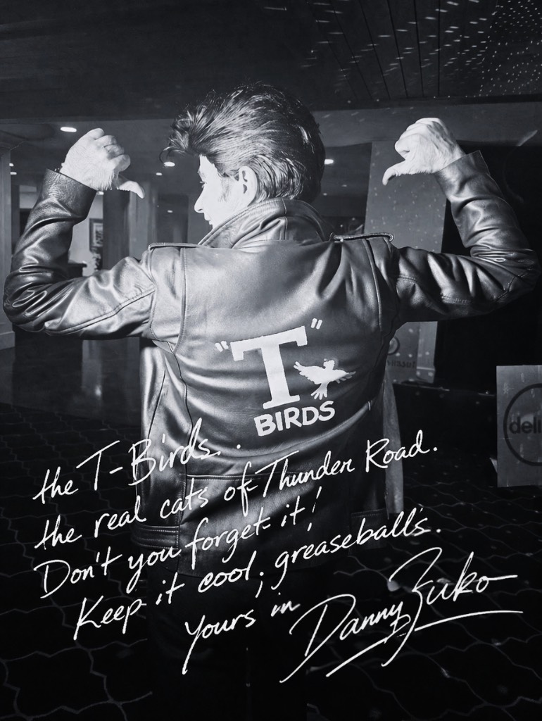 Grease jacket portrait styled as a signed retro yearbook image