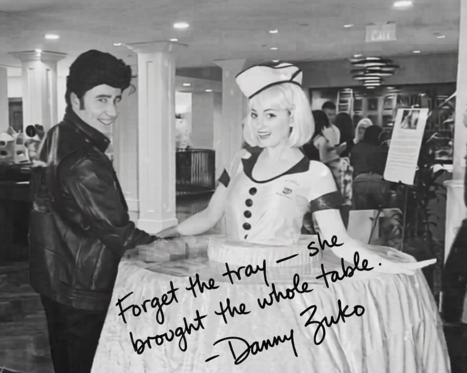 Danny Zuko inspired signed black and white image styled like a Grease yearbook page